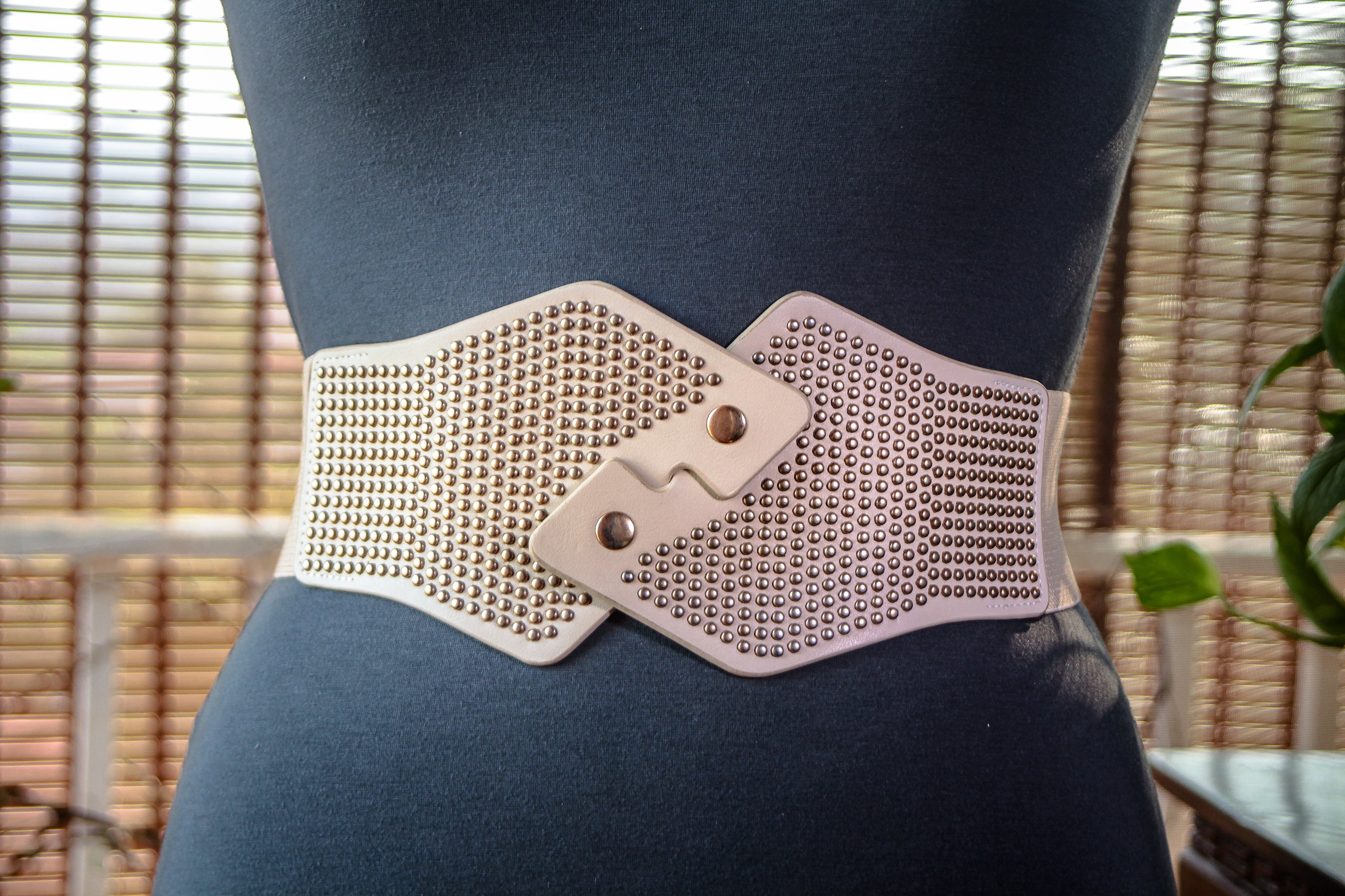 Wide Beige Belt with Antique Gold Metal Rivets