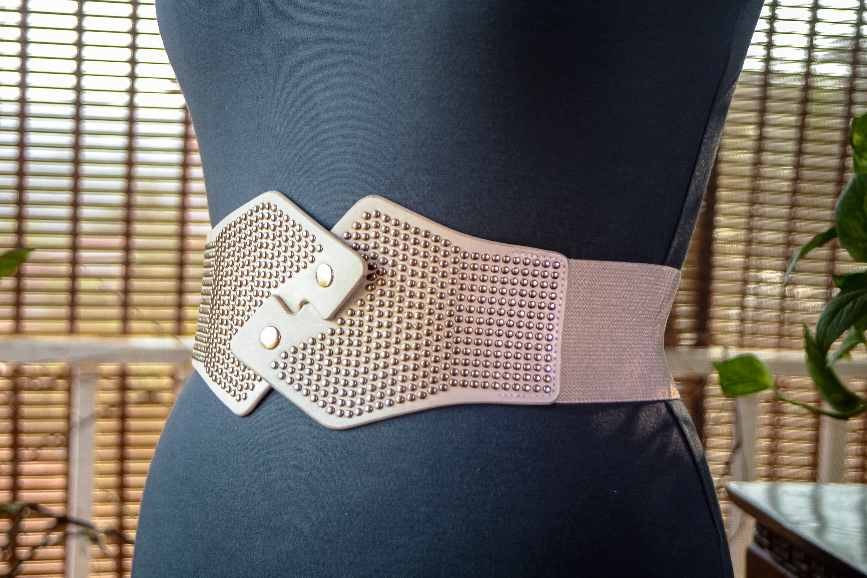 Wide Beige Belt with Antique Gold Metal Rivets