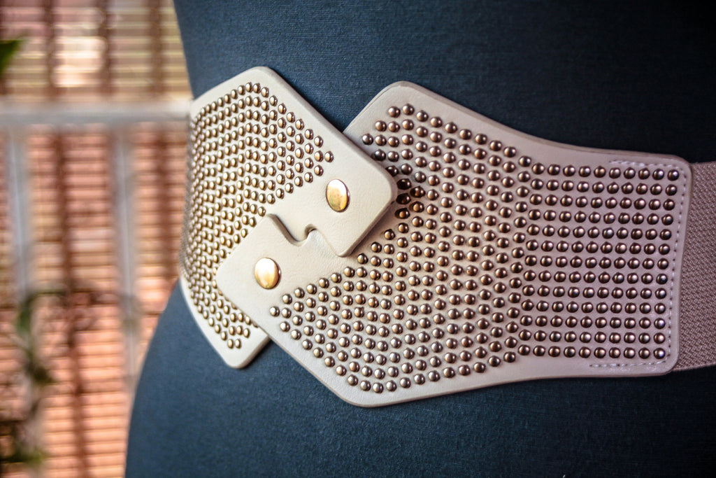 Wide Beige Belt with Antique Gold Metal Rivets