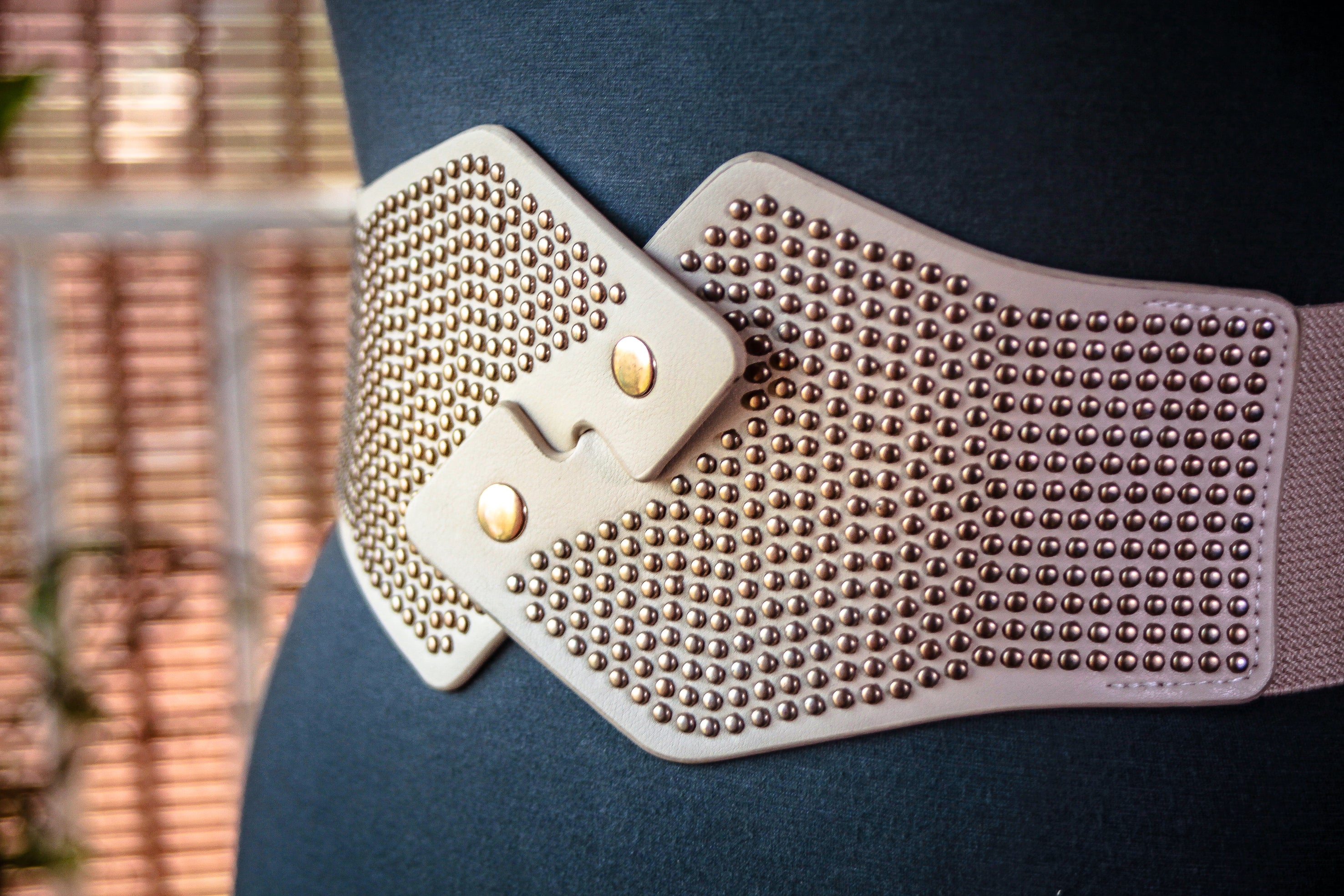 Wide Beige Belt with Antique Gold Metal Rivets
