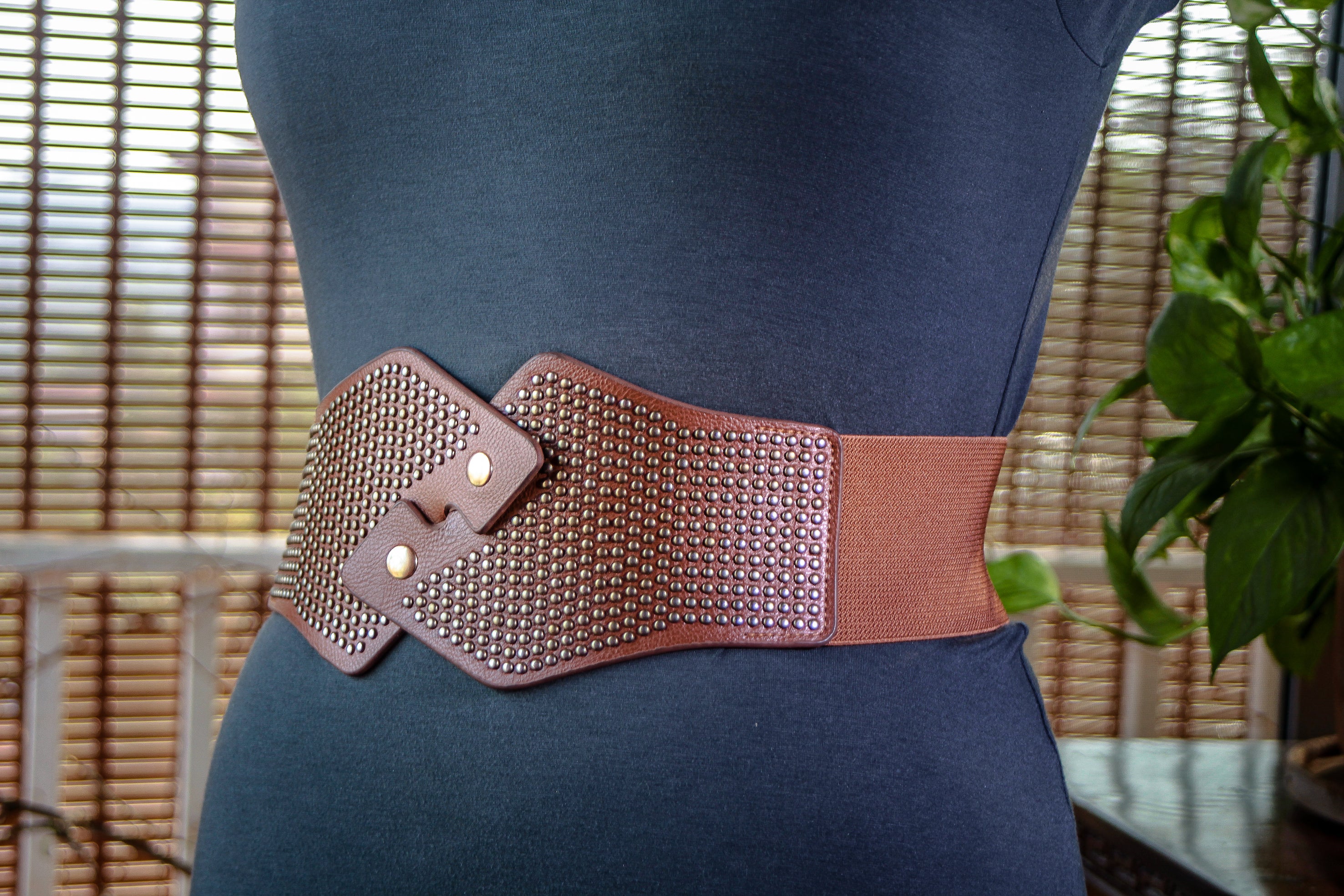 Brown Wide Belt with Antique Gold Rivets