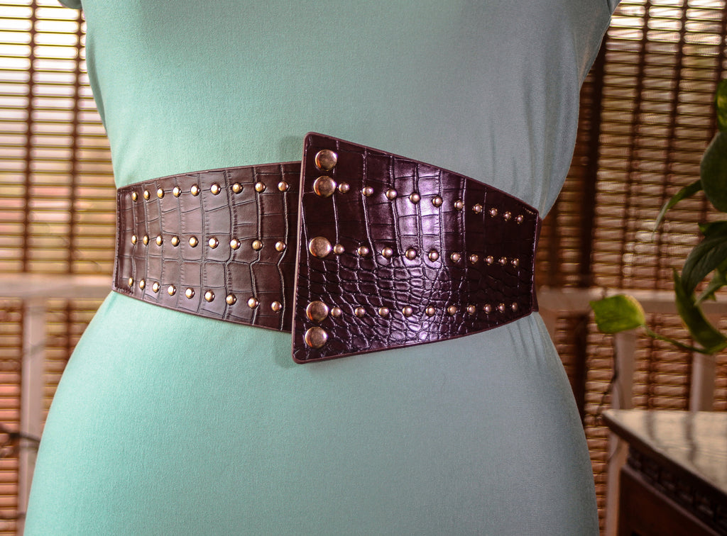 Brown Geometrical Textured Belt with Antique Gold Rivets