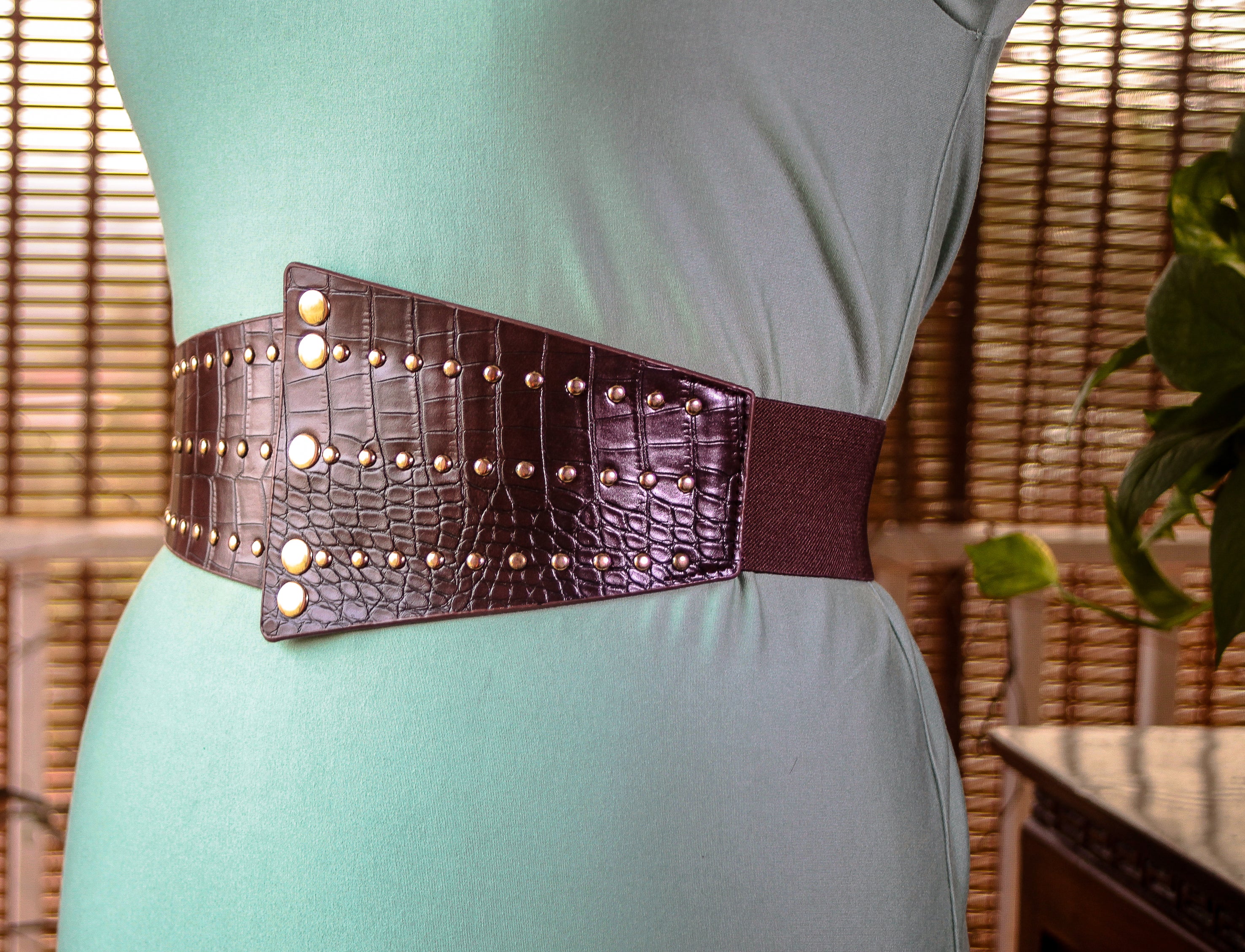 Brown Geometrical Textured Belt with Antique Gold Rivets