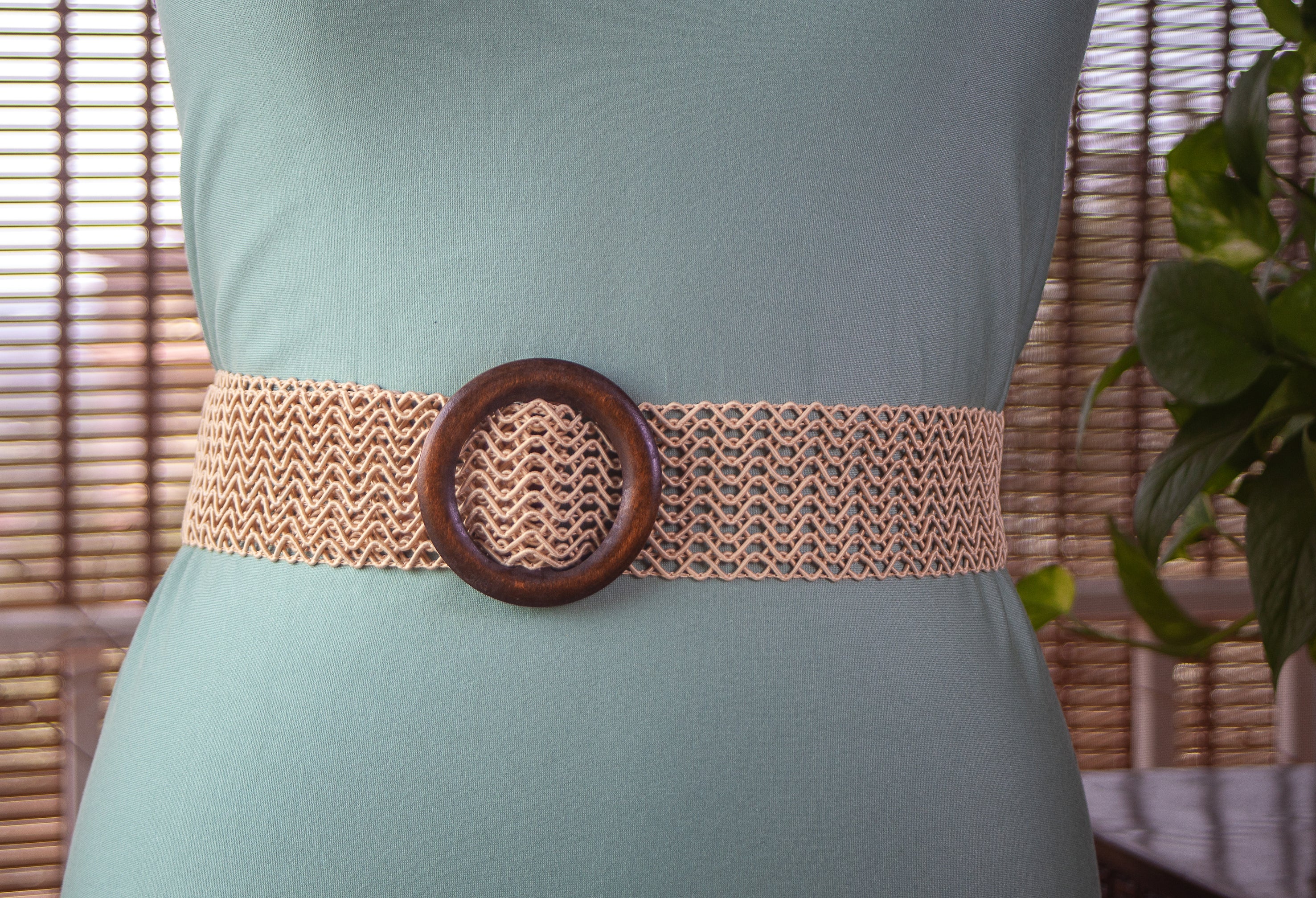 Beige Woven Belt with Wooden Buckle