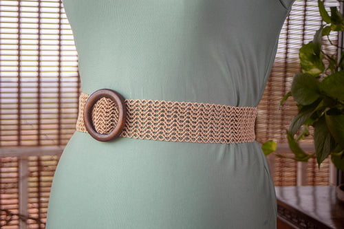 Beige Woven Belt with Wooden Buckle