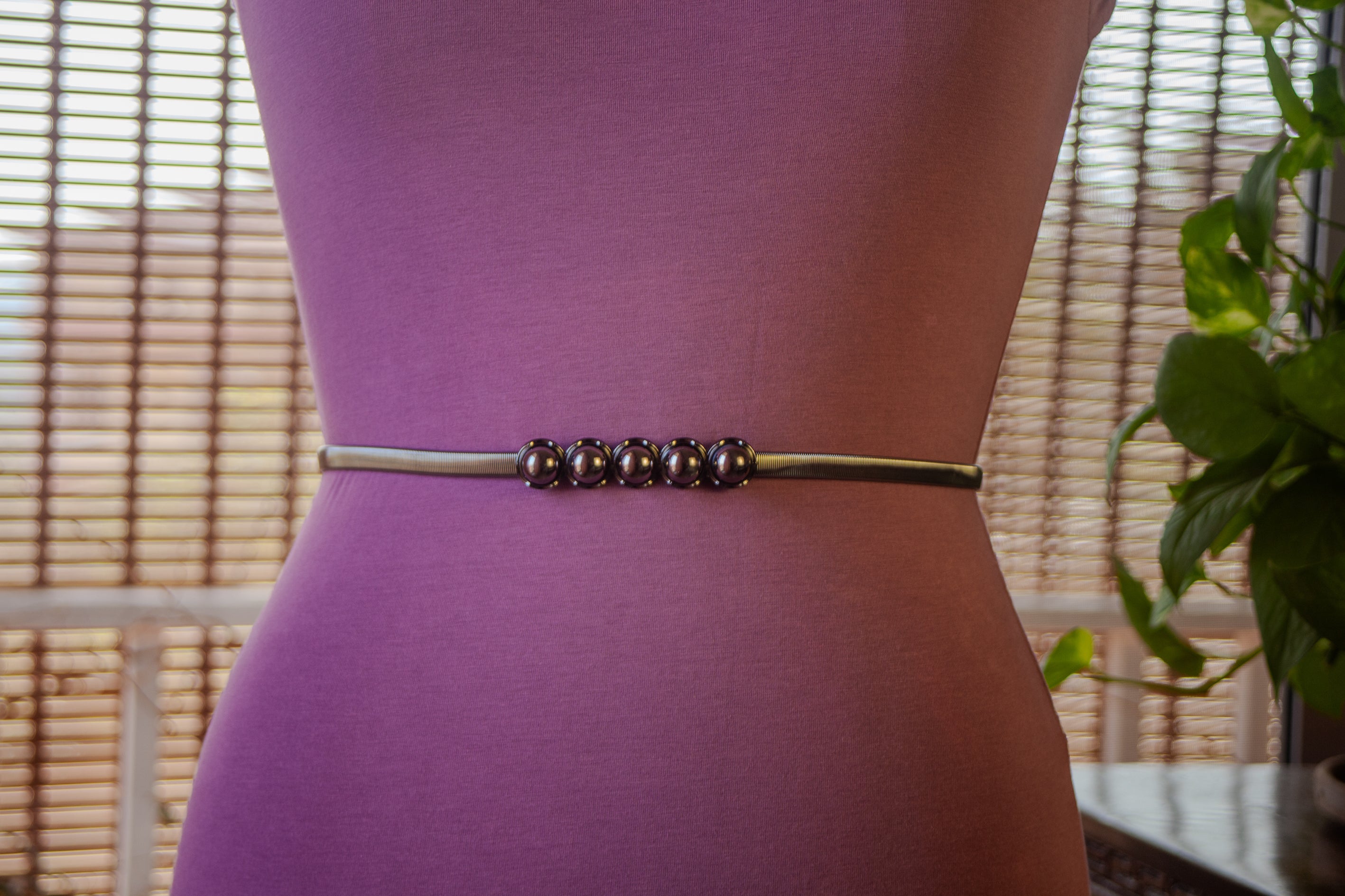 Gun metal Elastic Chain Belt with Black Pearls