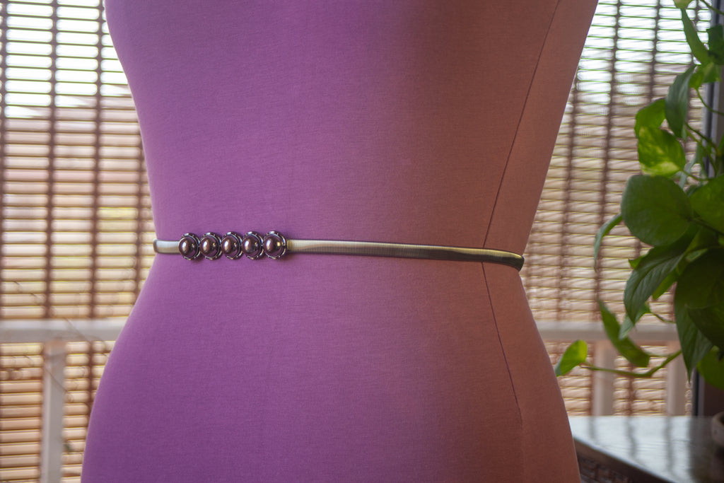 Gun metal Elastic Chain Belt with Black Pearls
