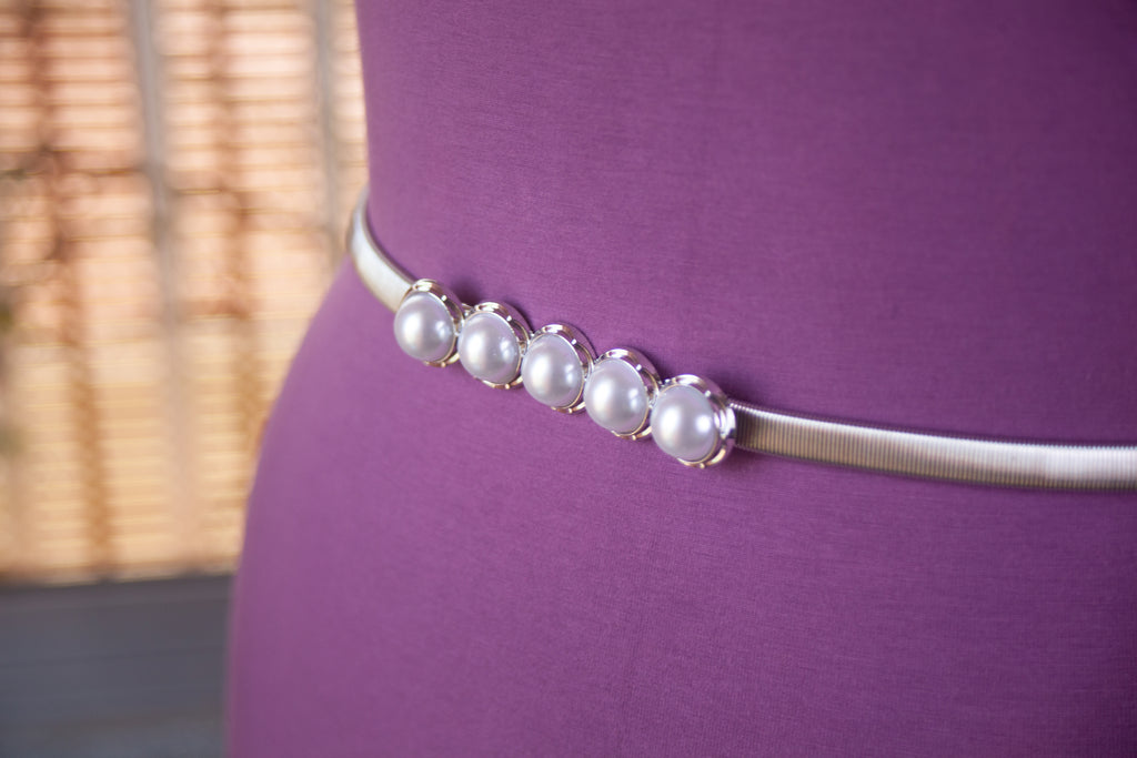 Silver Metal Belt with Pearls