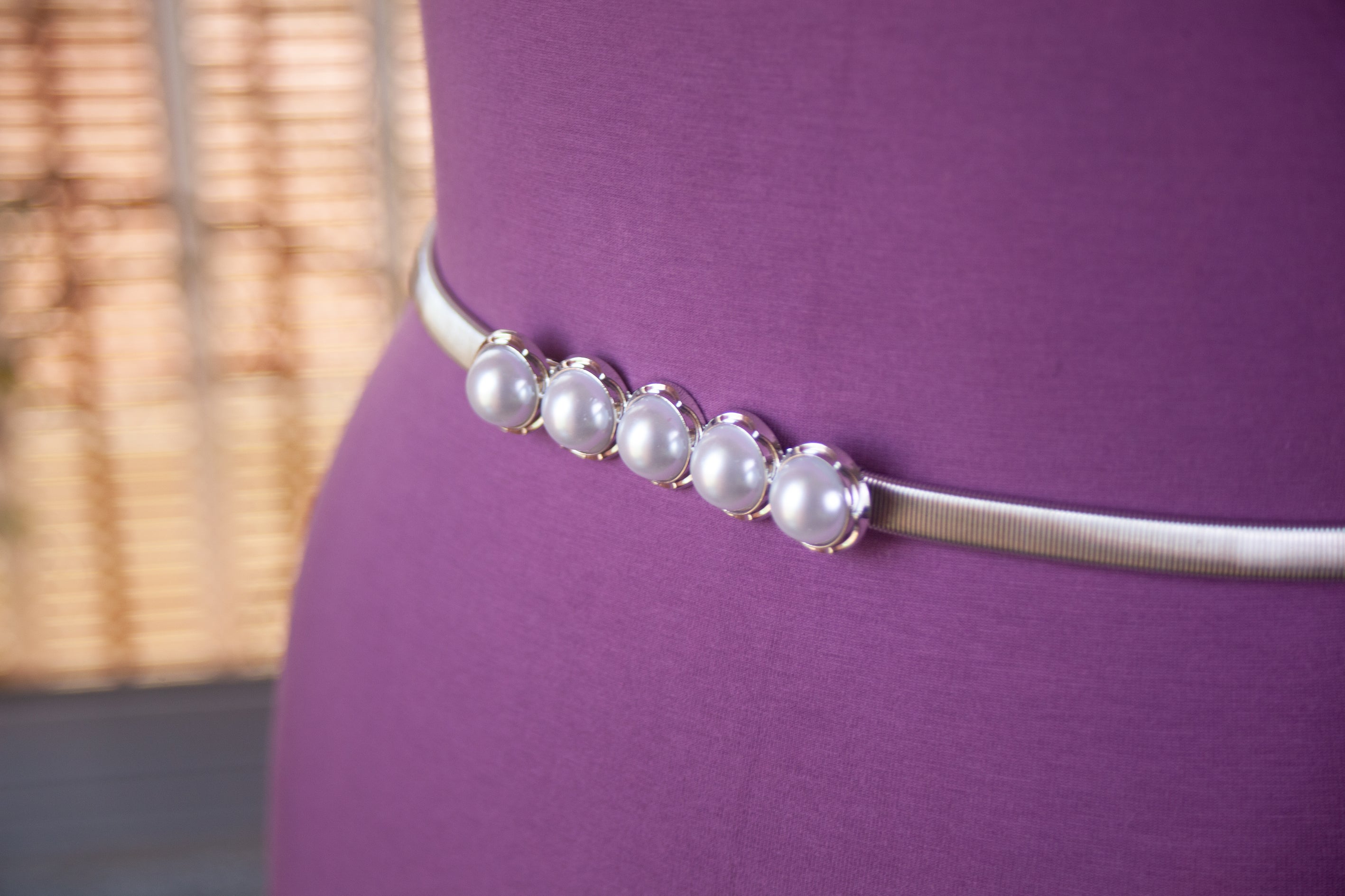 Silver Metal Belt with Pearls