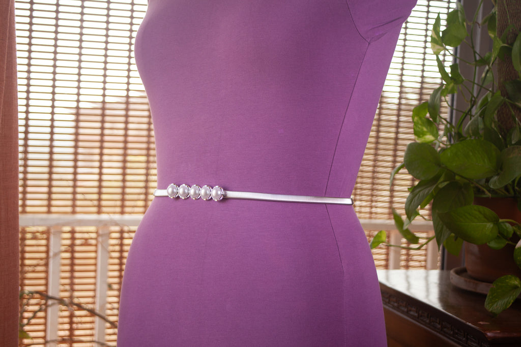 Silver Metal Belt with Pearls