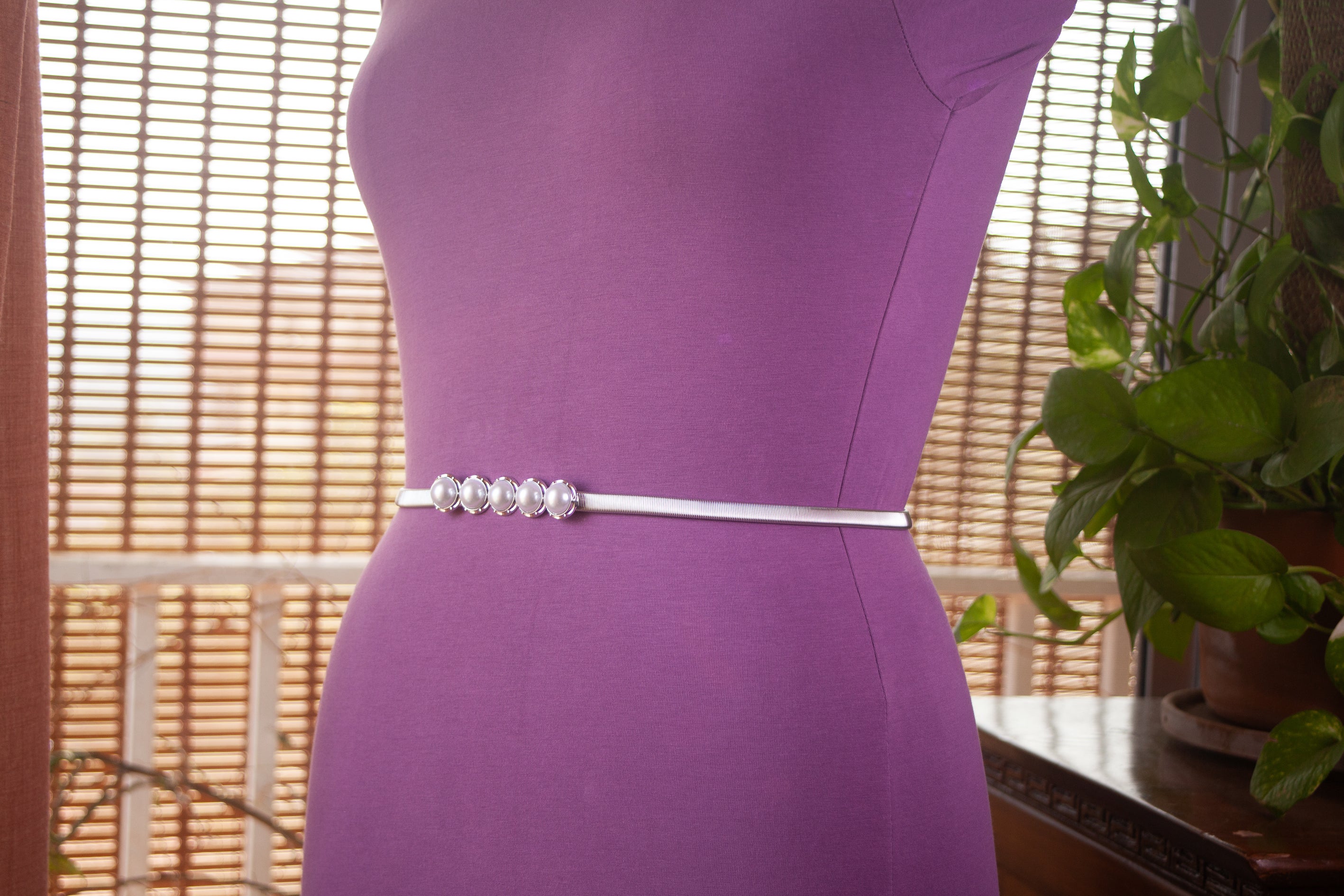 Silver Metal Belt with Pearls