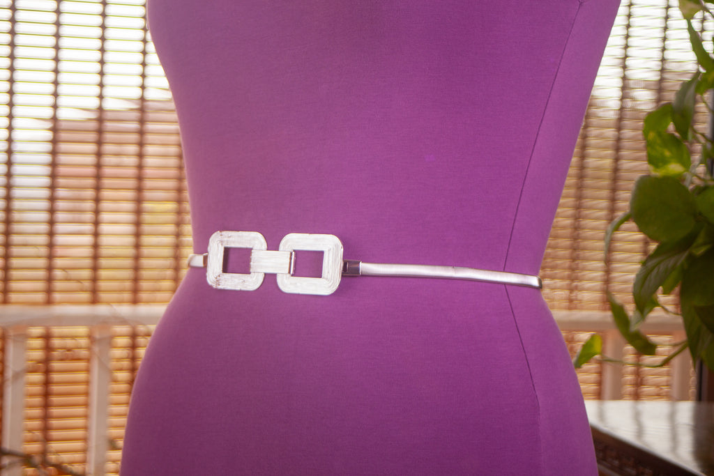 Silver Metal Elastic Belt with Textured Buckle