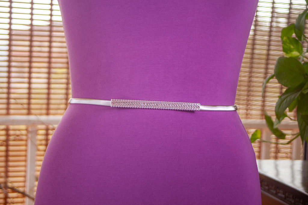 Silver Metal Elastic Belt with a Buckle with Diamantes