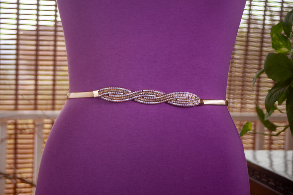 Gold Metal Elastic Belt with Pearl Detail