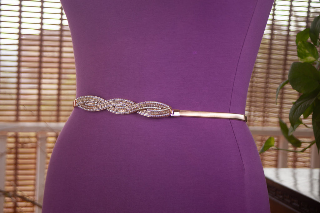 Gold Metal Elastic Belt with Pearl Detail