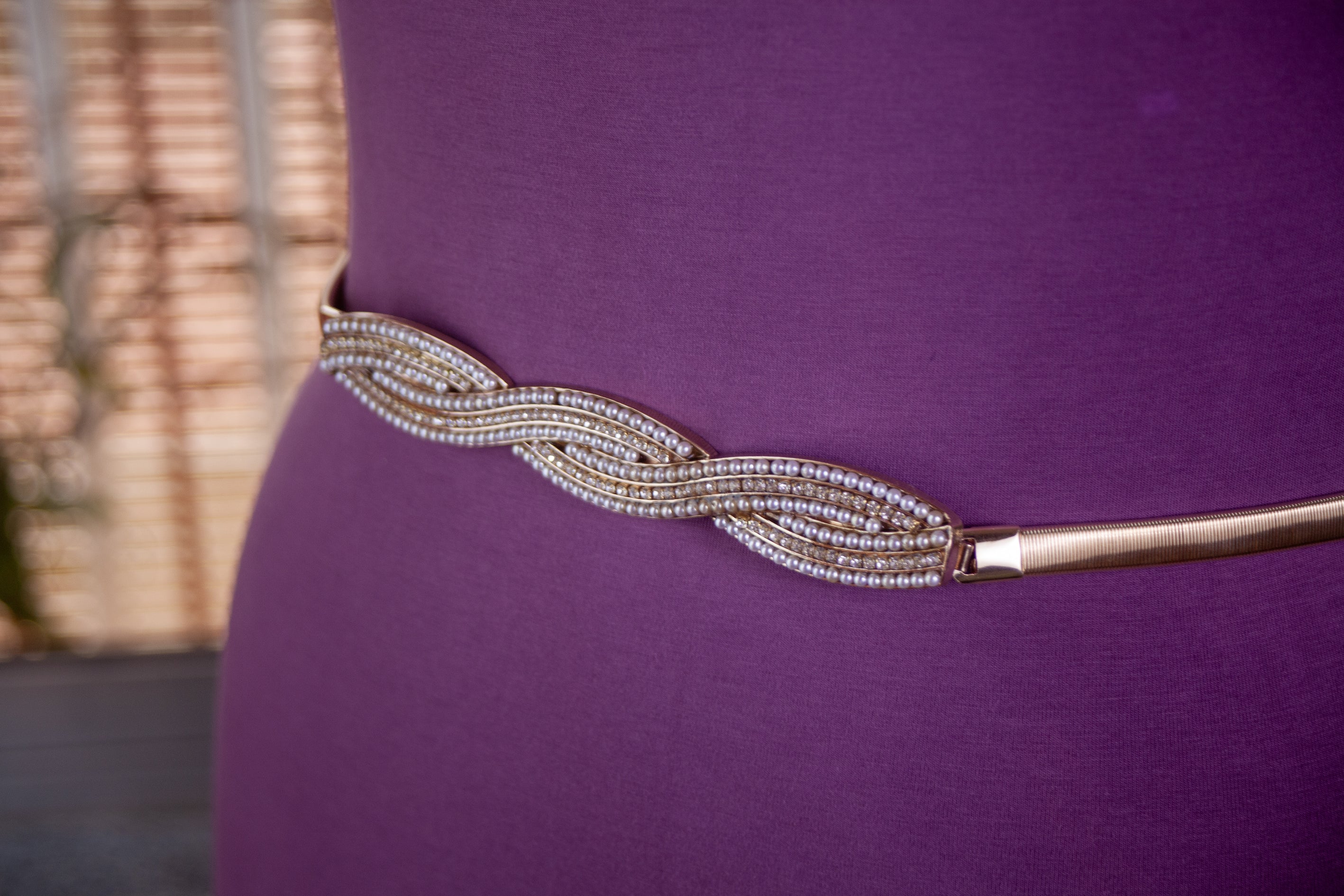 Gold Metal Elastic Belt with Pearl Detail