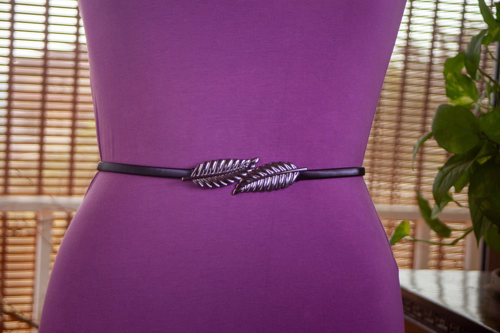 Black Metal Elastic Belt with Leaf Motif