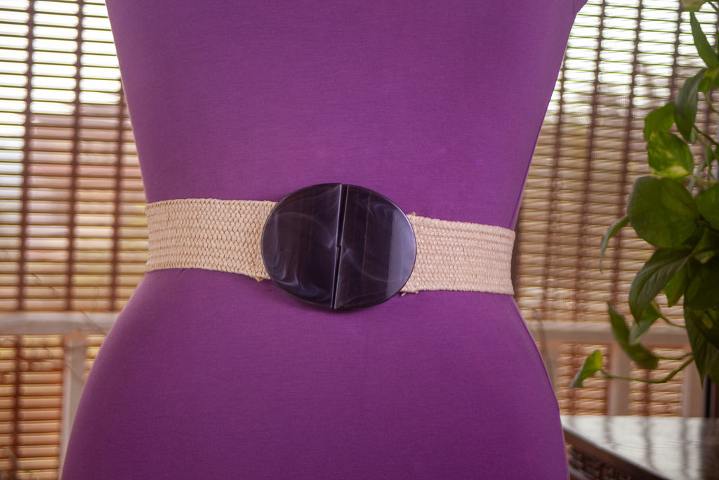 Beige Jute Elastic Belt with Plastic Buckle