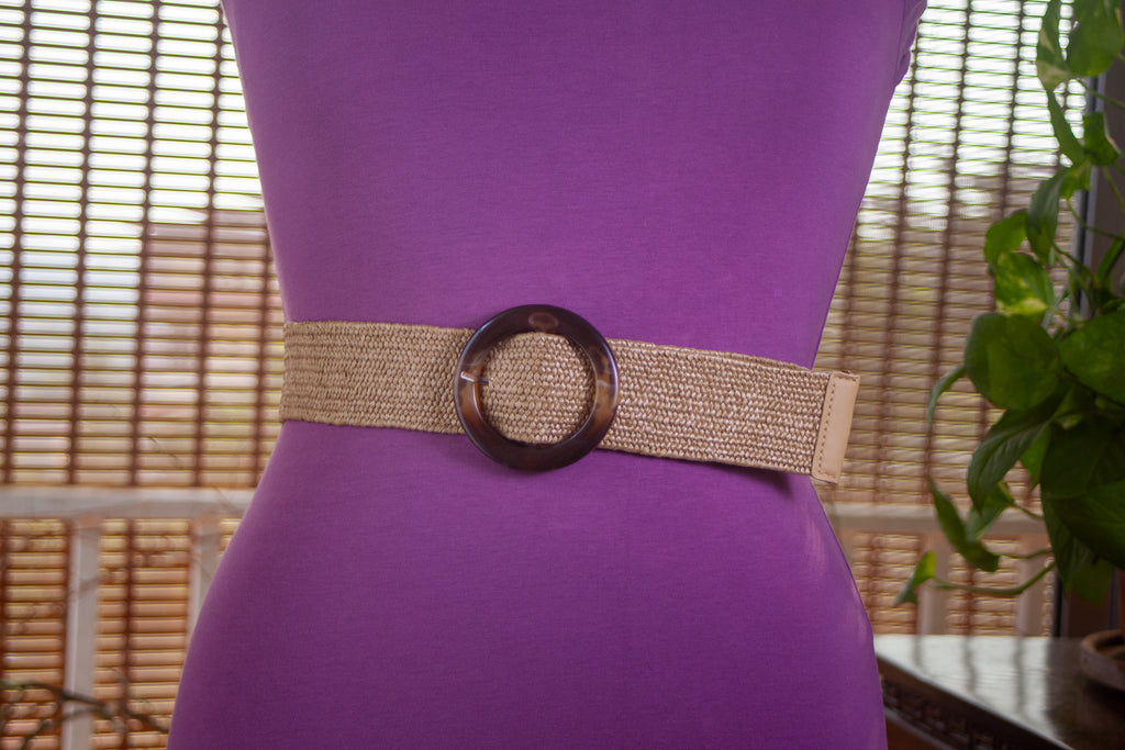 BeigeJute Elastic Belt with Round Plastic Buckle