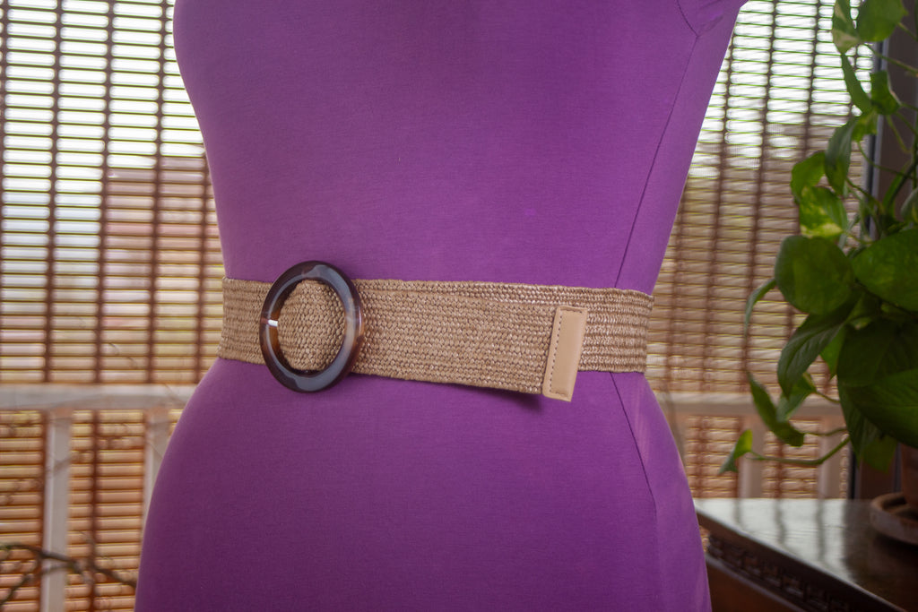 BeigeJute Elastic Belt with Round Plastic Buckle
