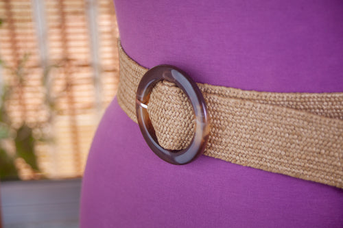 BeigeJute Elastic Belt with Round Plastic Buckle