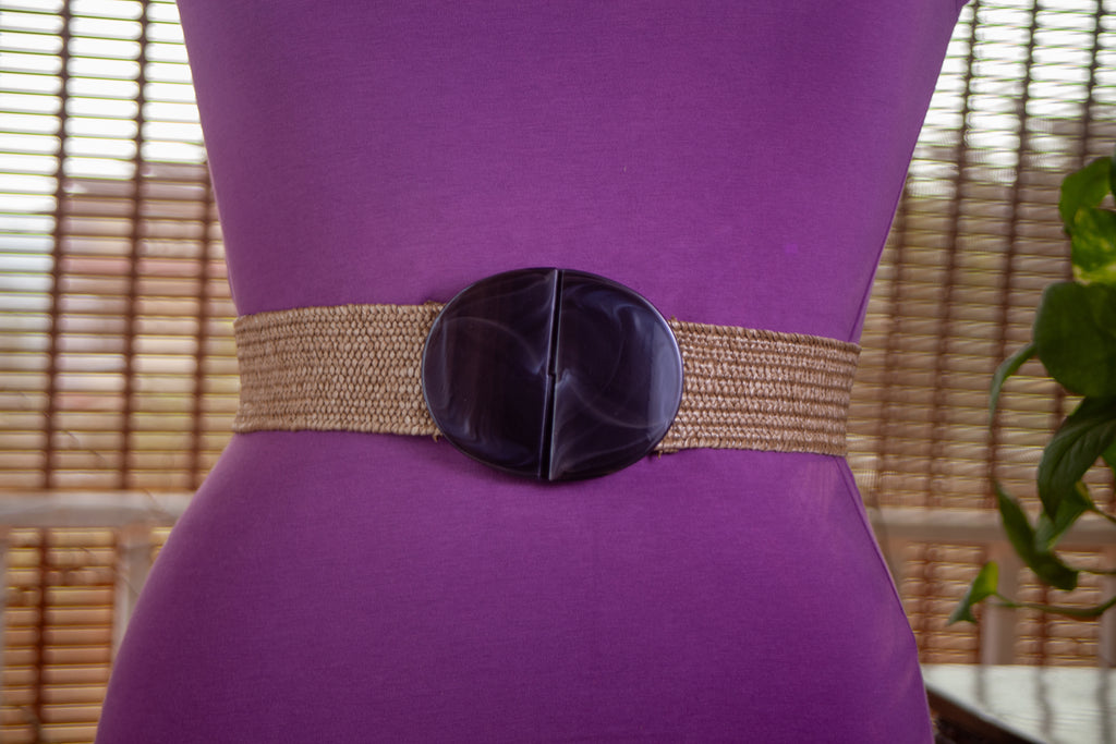 Khaki Beige Jute Elastic Belt with Plastic Buckle