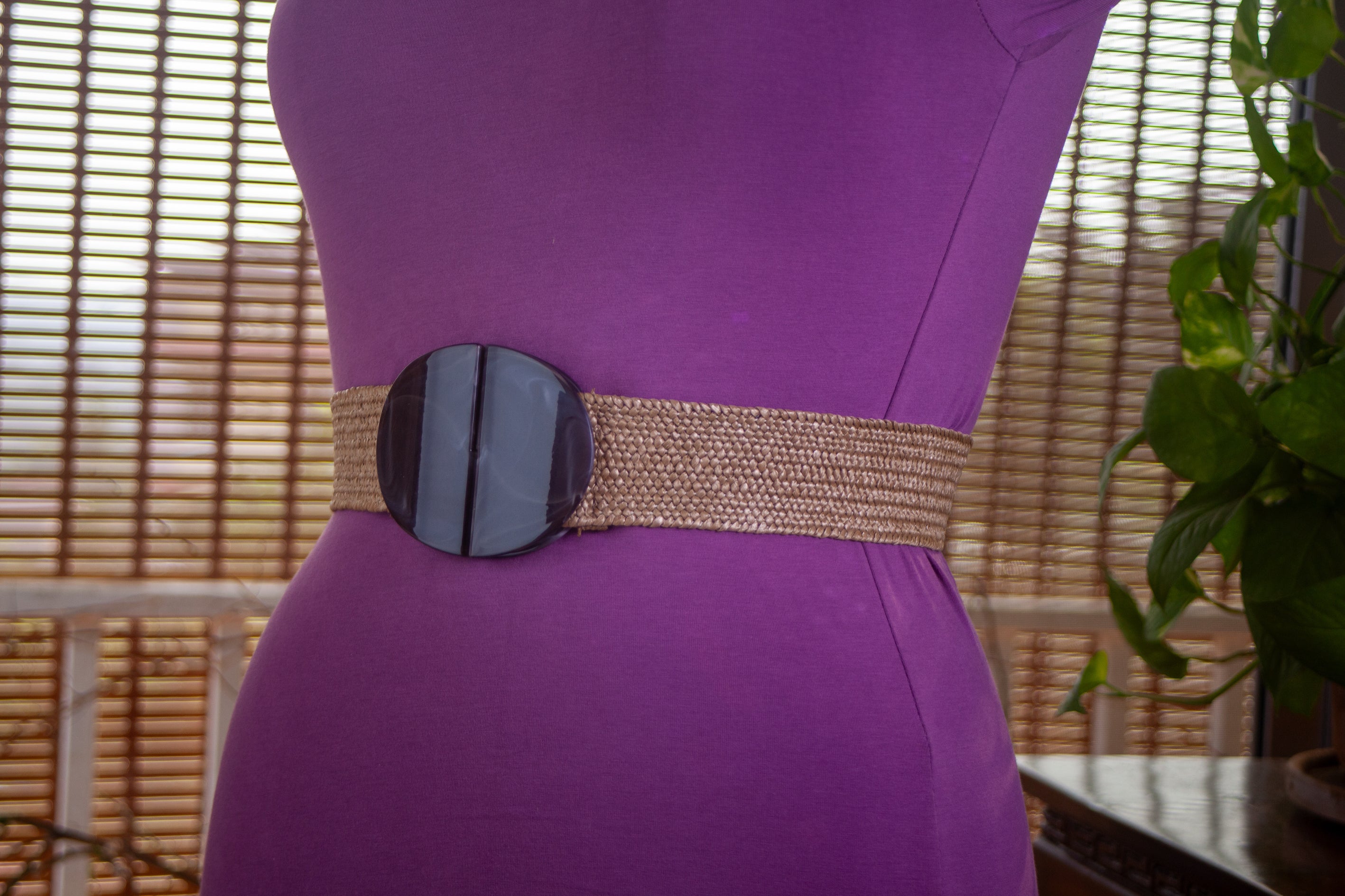 Khaki Beige Jute Elastic Belt with Plastic Buckle