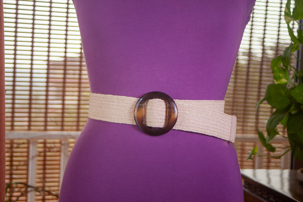 Off White Jute Elastic Belt with Round Plastic Buckle