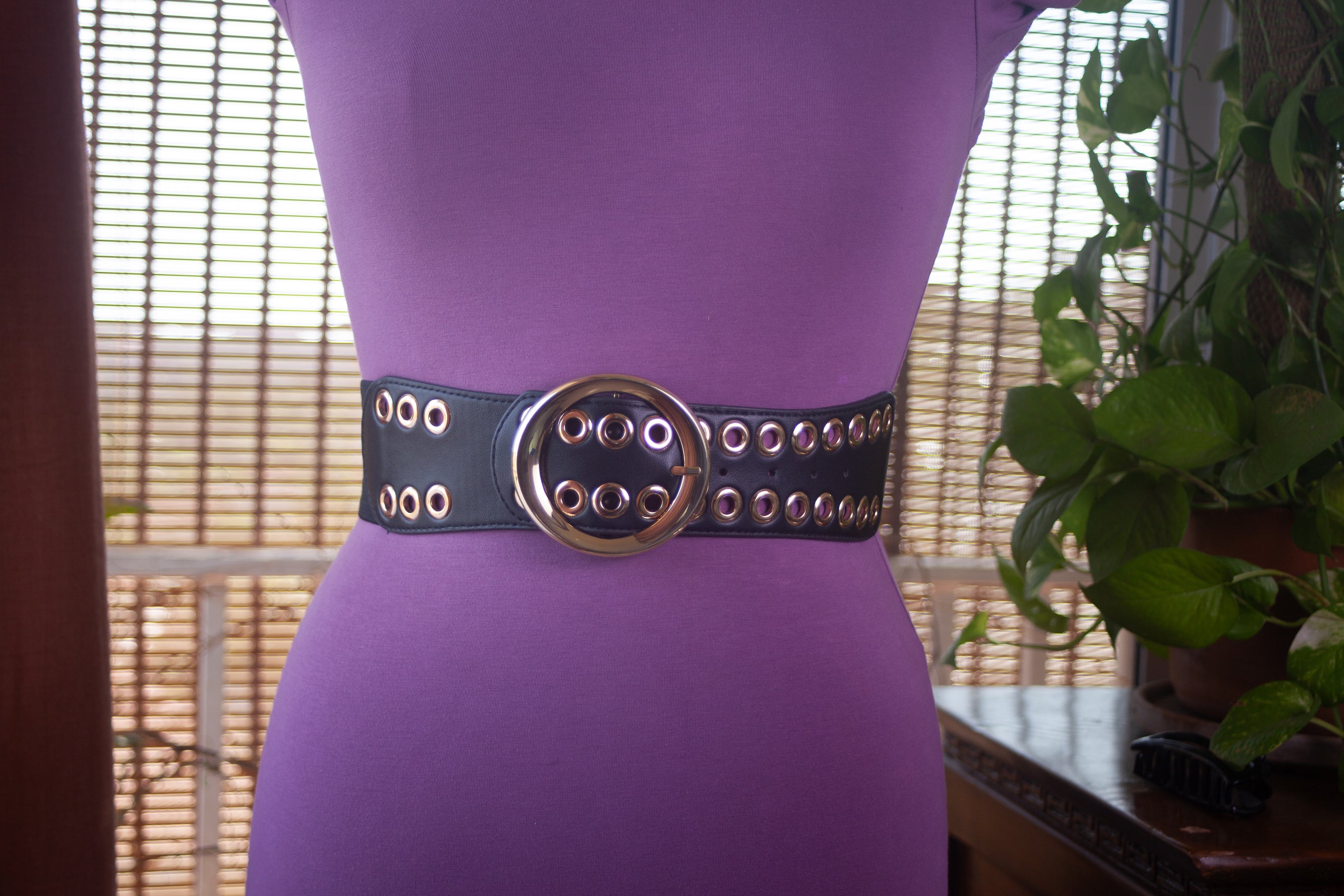 Wide Black Belt with Gold Eyelets