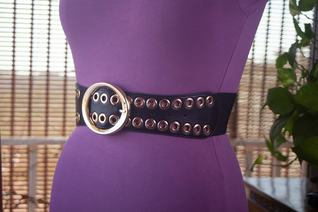 Wide Black Belt with Gold Eyelets