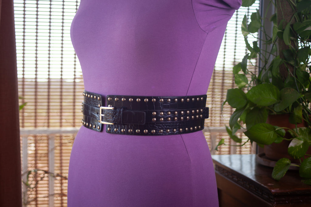 Black Textured Wide Belt with Gold Rivets