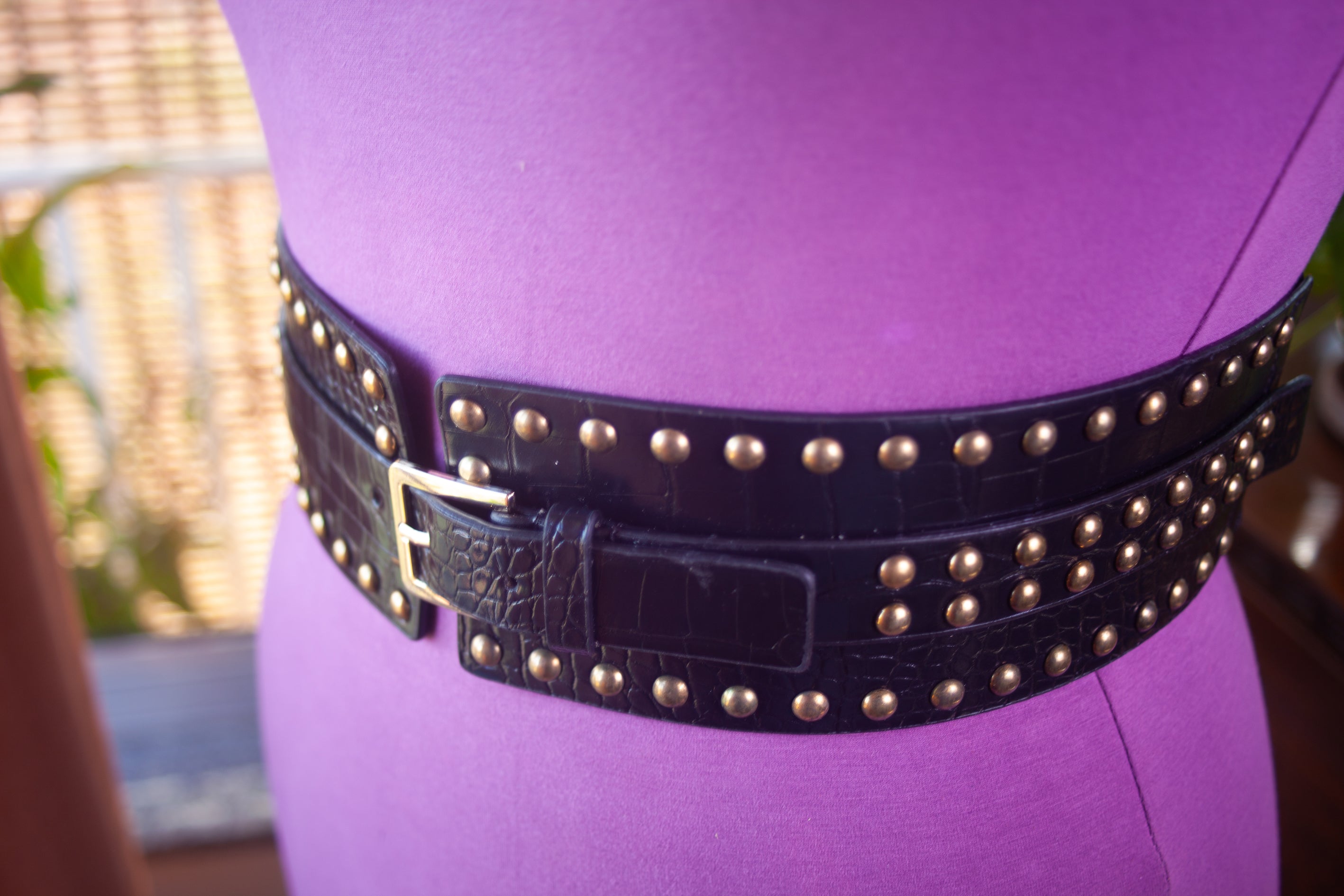 Black Textured Wide Belt with Gold Rivets
