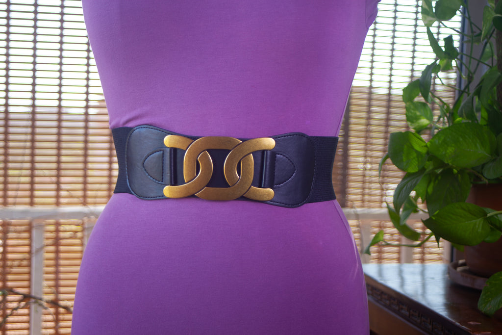 Wide Black Belt with Antique Polished Gold Buckle