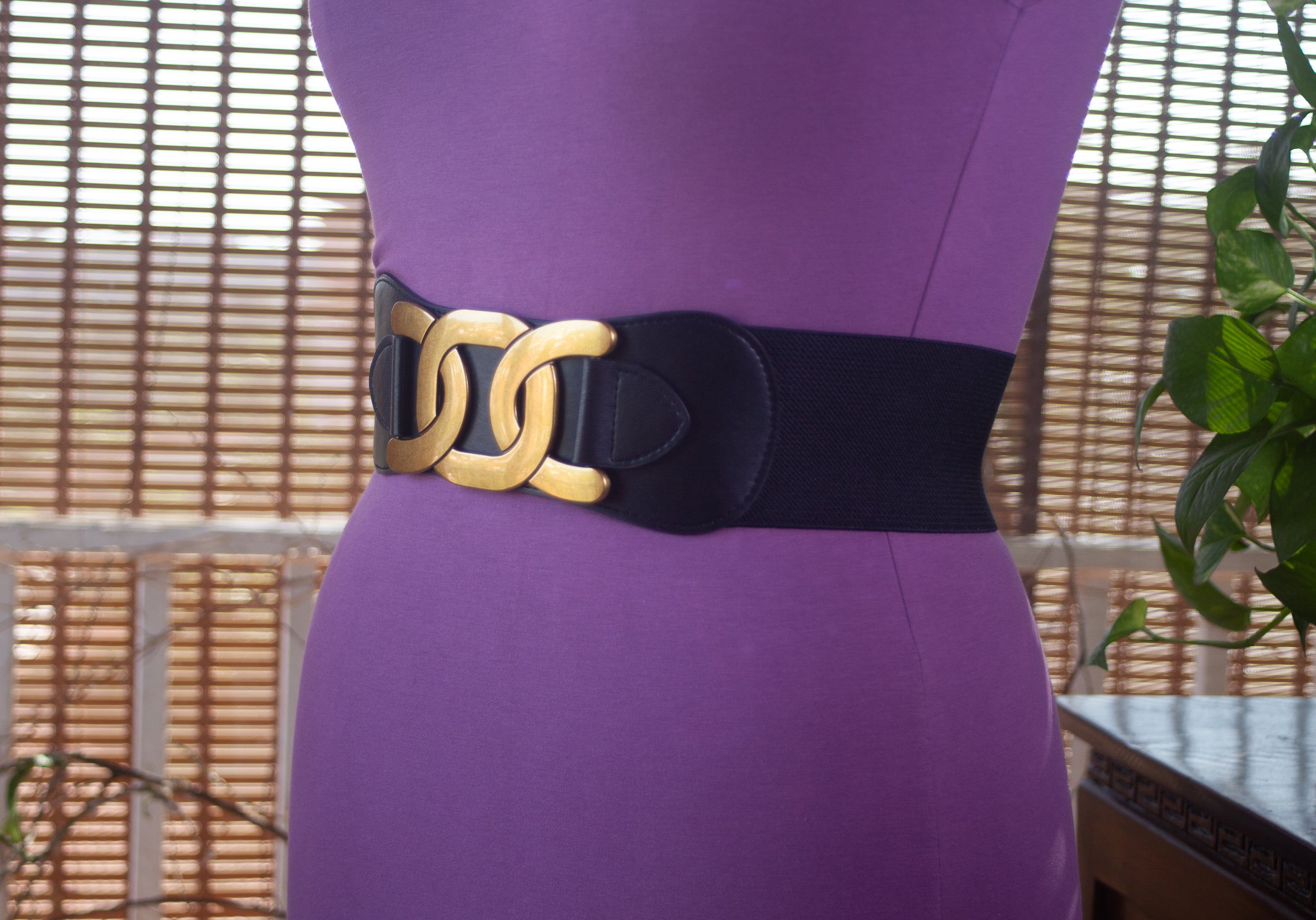 Wide Black Belt with Antique Polished Gold Buckle