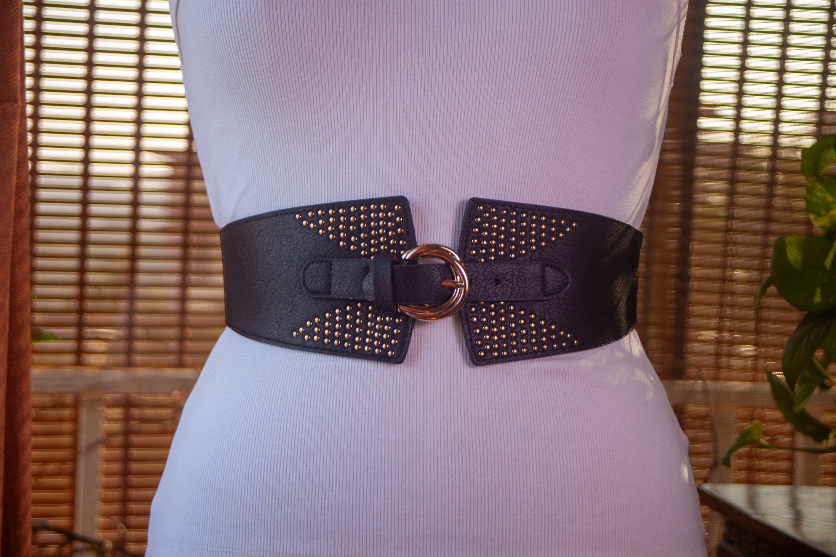 Black Geometrical Belt with Gold Rivets