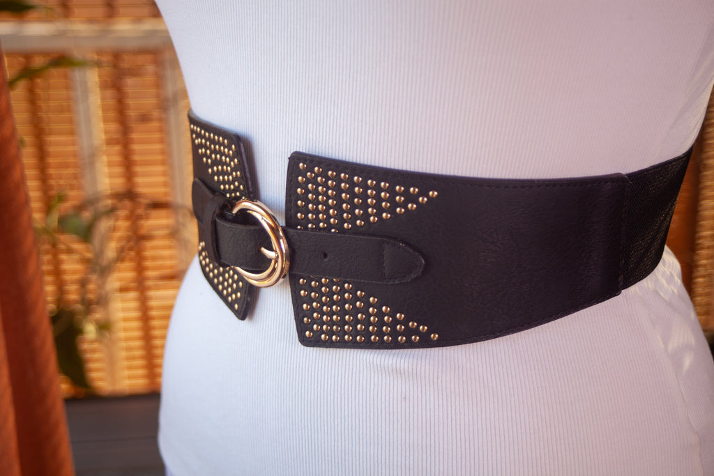 Black Geometrical Belt with Gold Rivets