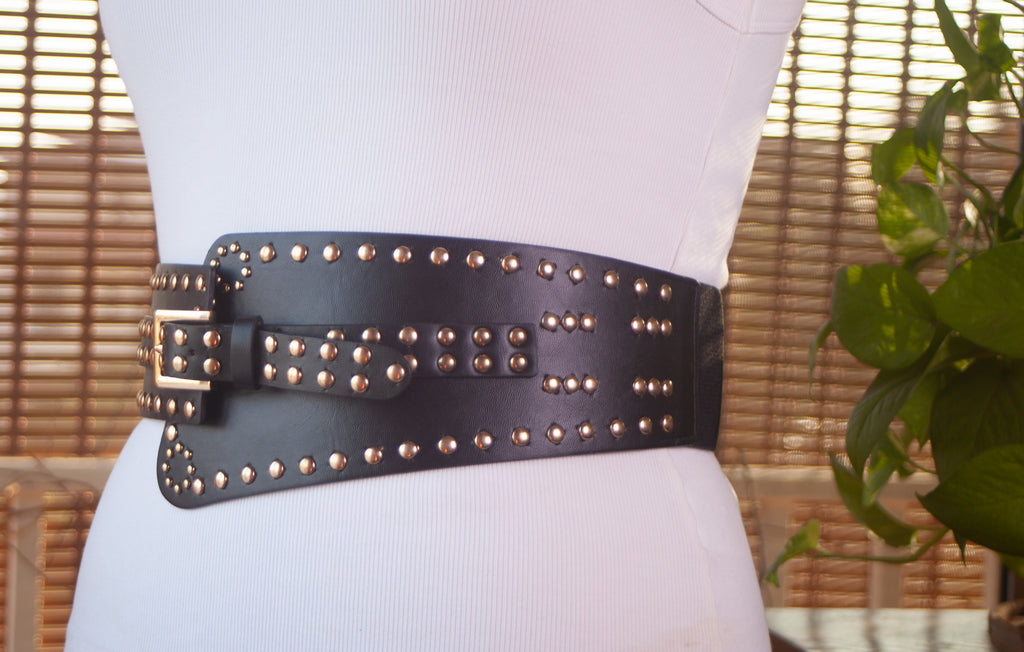 Black  Asymmetrical Belt with Gold Rivets