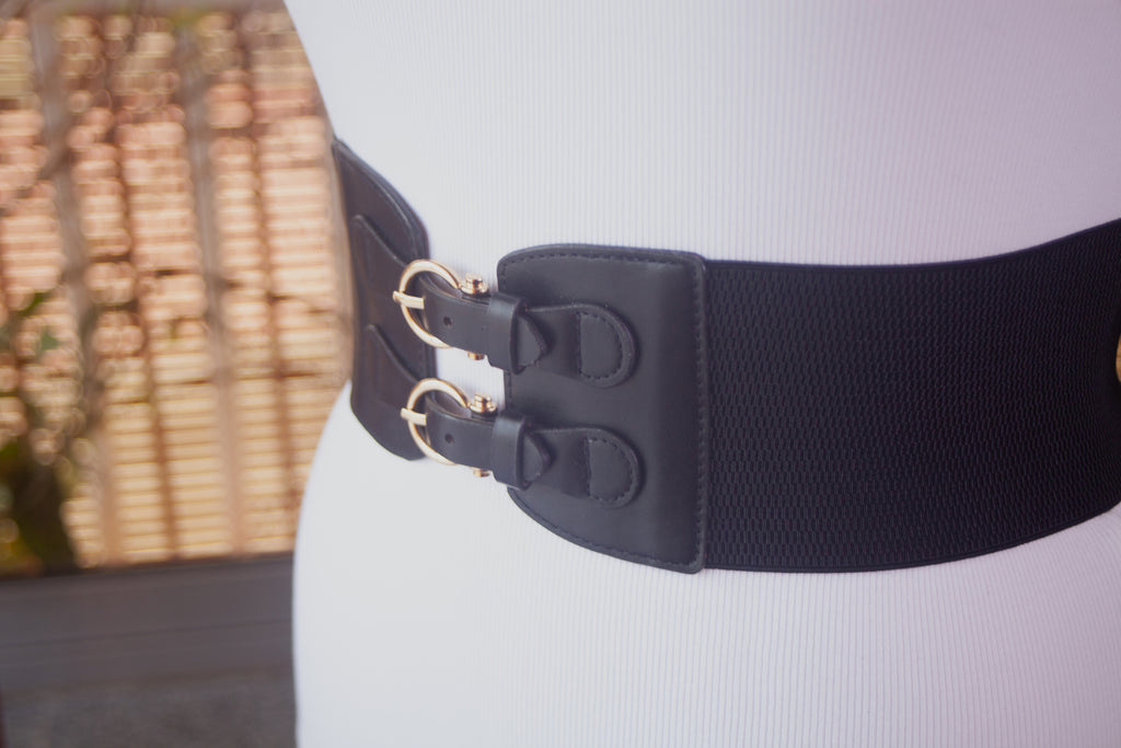 Wide Black Belt with Dual Gold Buckle