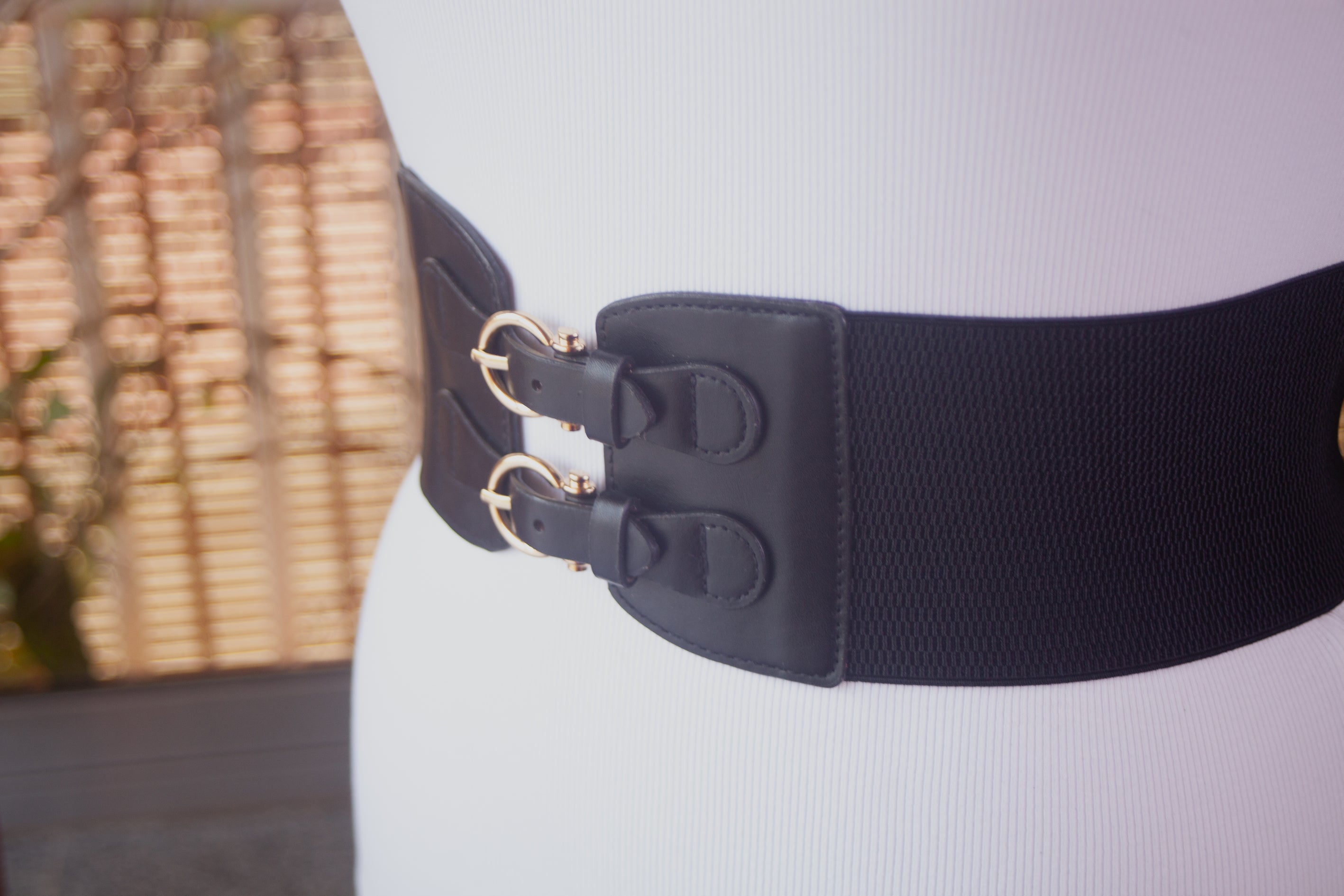 Wide Black Belt with Dual Gold Buckle