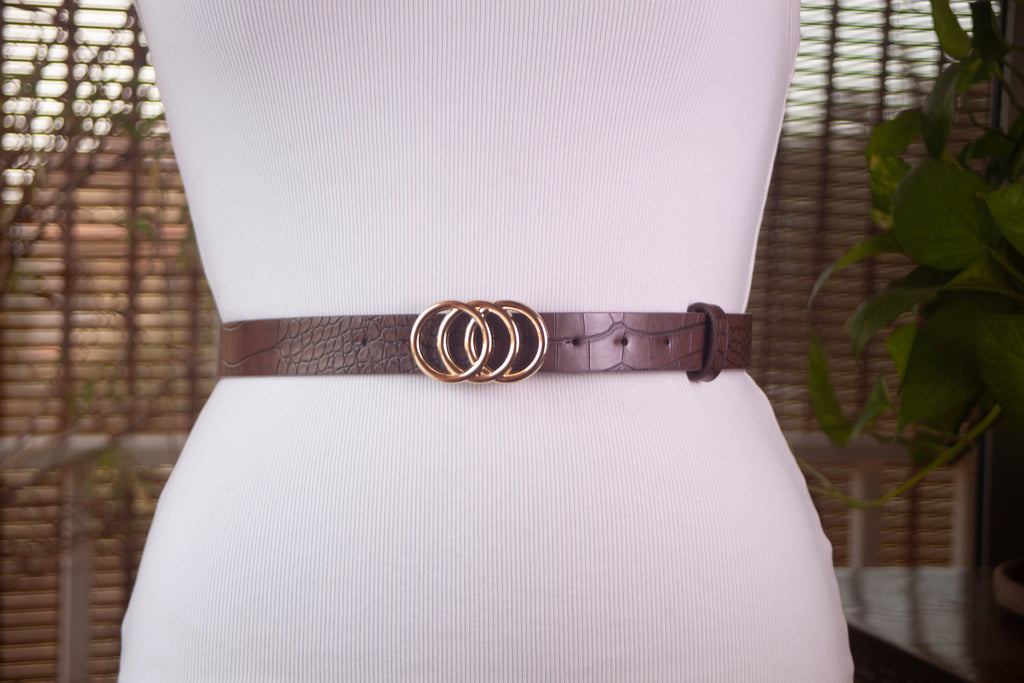 Brown Textural Slim Belt with Gold Buckle