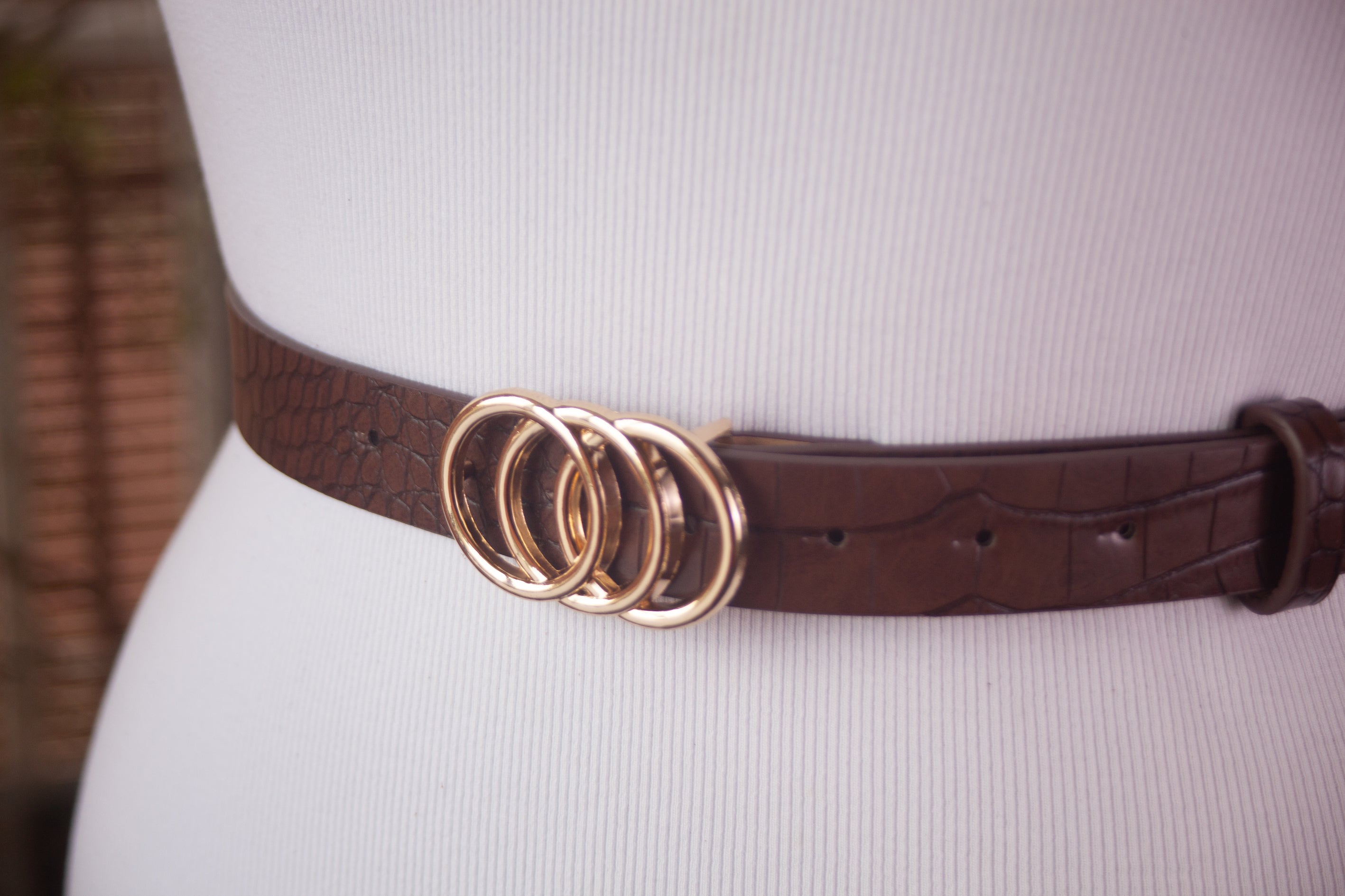 Brown Textural Slim Belt with Gold Buckle